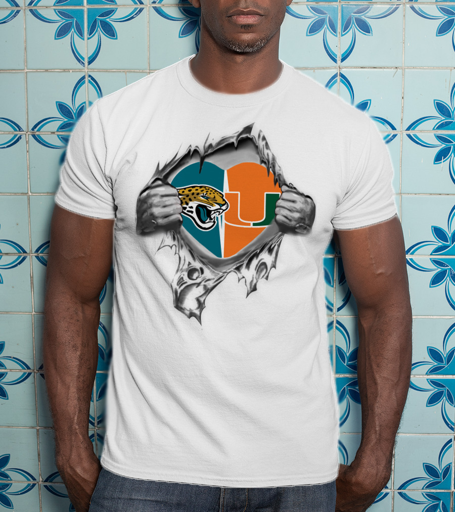 Jaguars Miami Hurricanes Heart Symbol Ripping T-Shirt