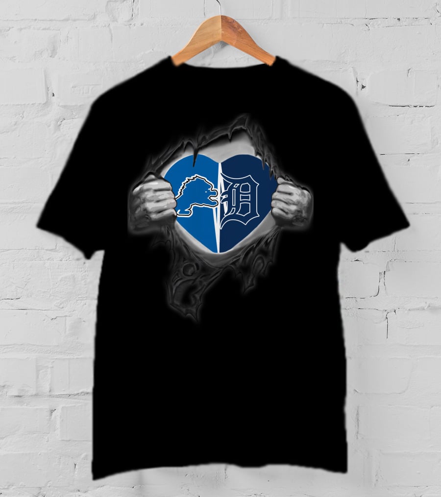Lions Tigers Heart Logo Design Showcasing Detroit Teams Passion T-Shirt