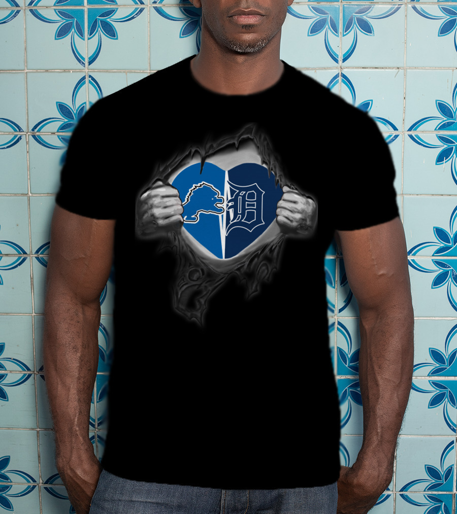 Lions Tigers Heart Logo Design Showcasing Detroit Teams Passion T-Shirt