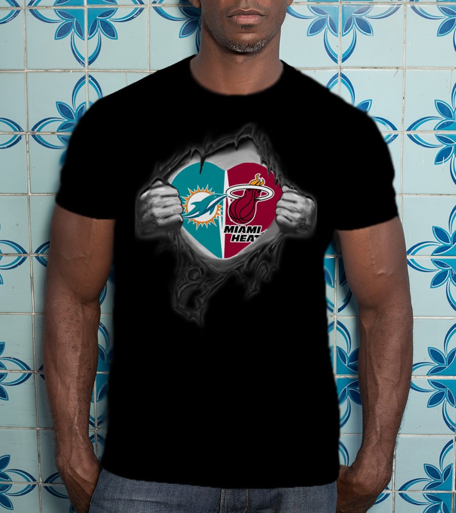 Miami Dolphins Miami Heat Heart Logo Fusion T-Shirt