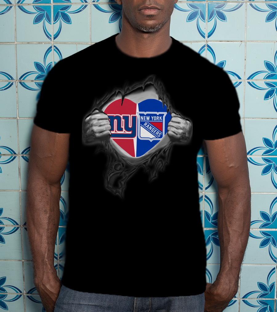 New York Giants Ny And New York Rangers Heart Torn Fabric T-Shirt