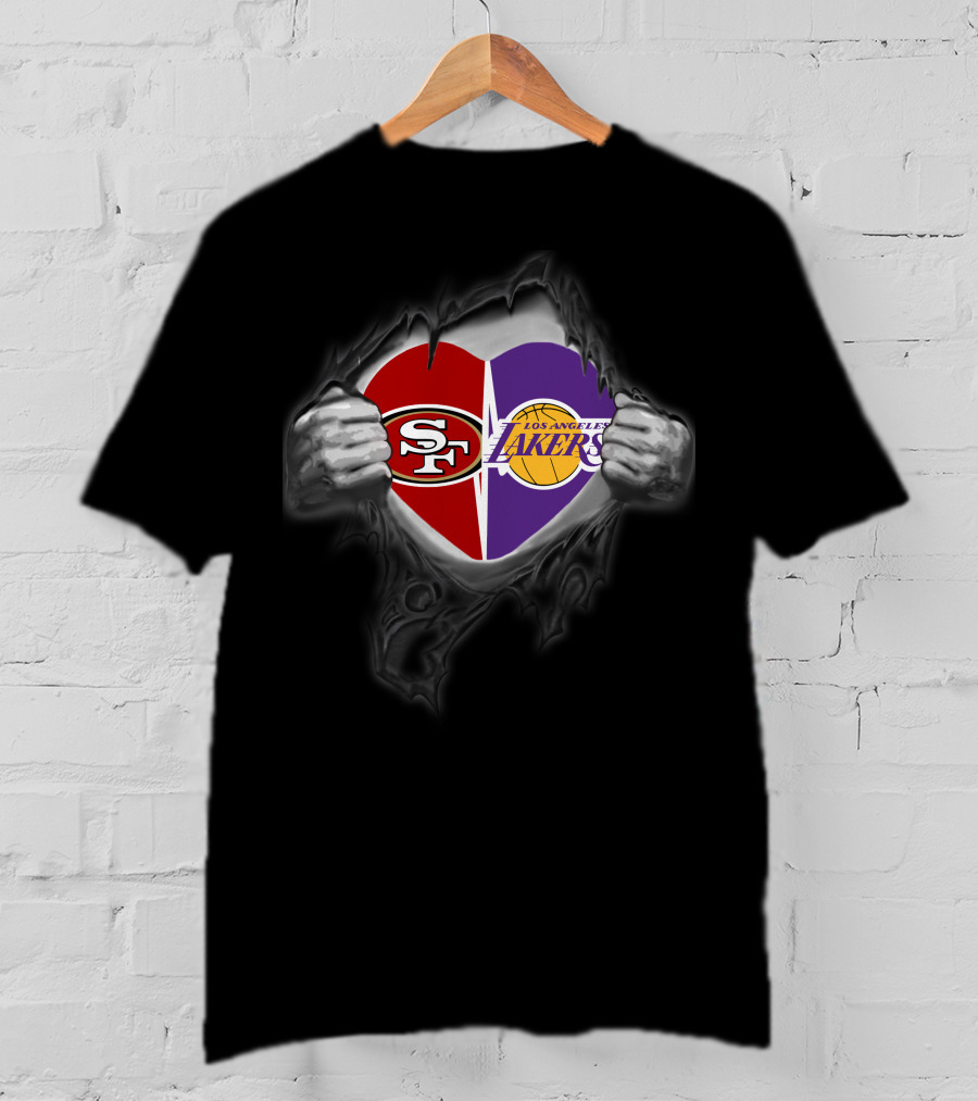Sf 49ers La Lakers Heart Holding Logos T-Shirt