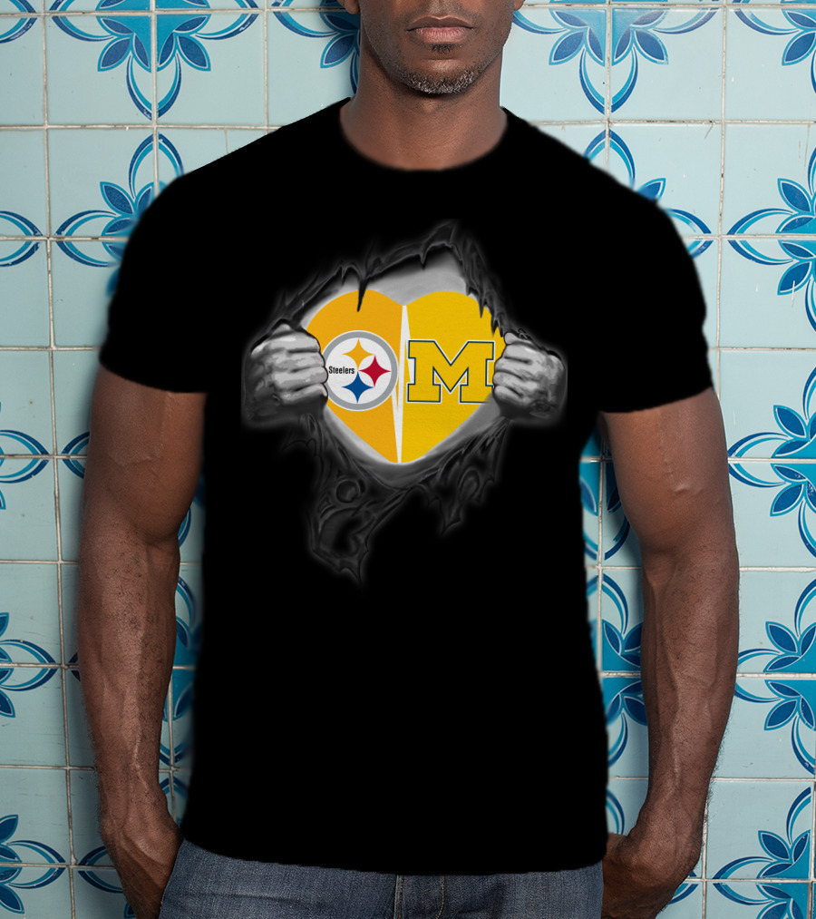 Steelers And Michigan Heart Symbol Inside Ripped Skin T-Shirt