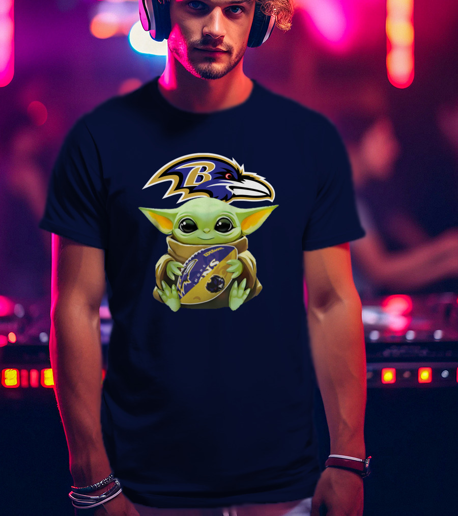 Baltimore Ravens Baby Yoda Holding Football With Team T-Shirt