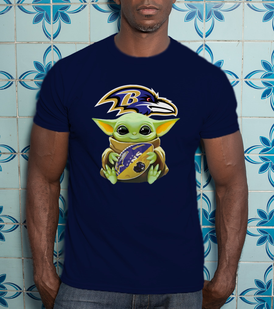 Baltimore Ravens Baby Yoda Holding Football With Team T-Shirt
