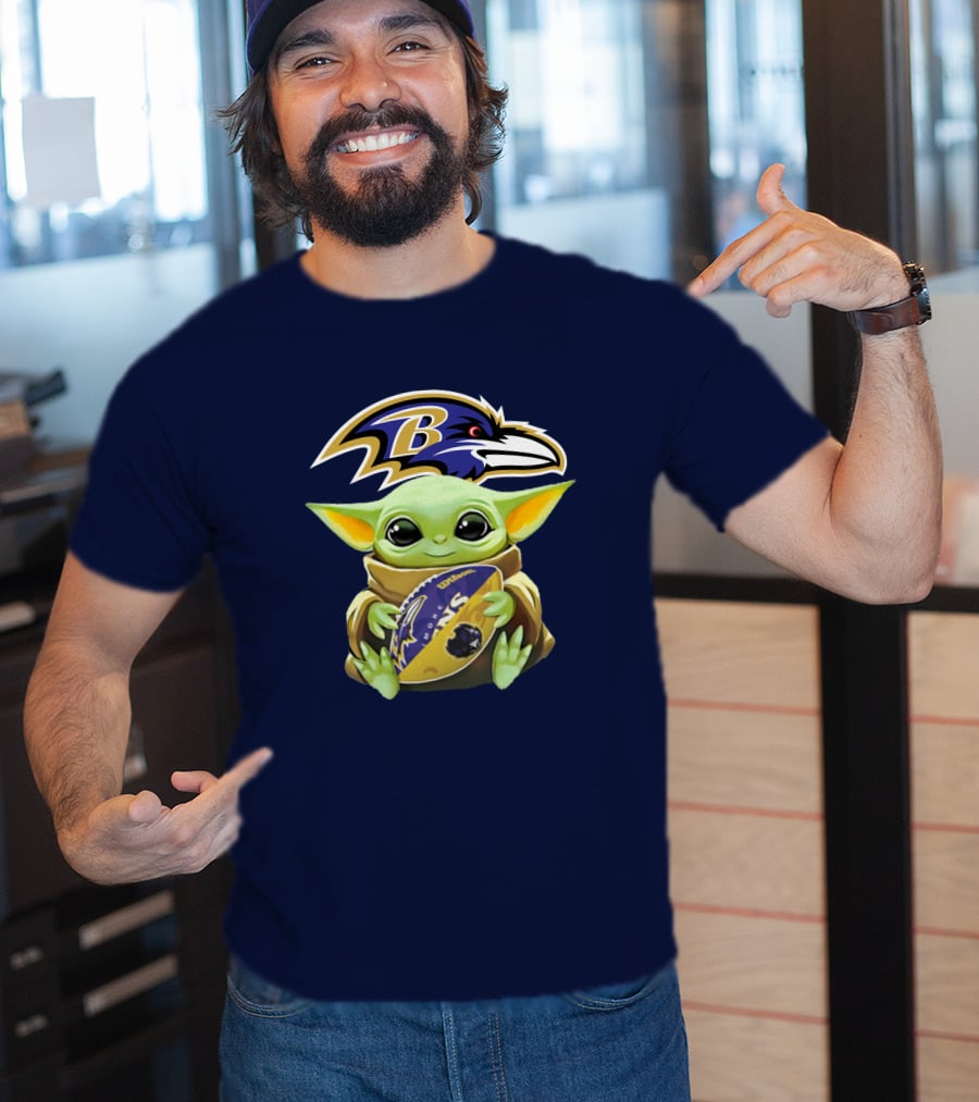 Baltimore Ravens Baby Yoda Holding Football With Team T-Shirt
