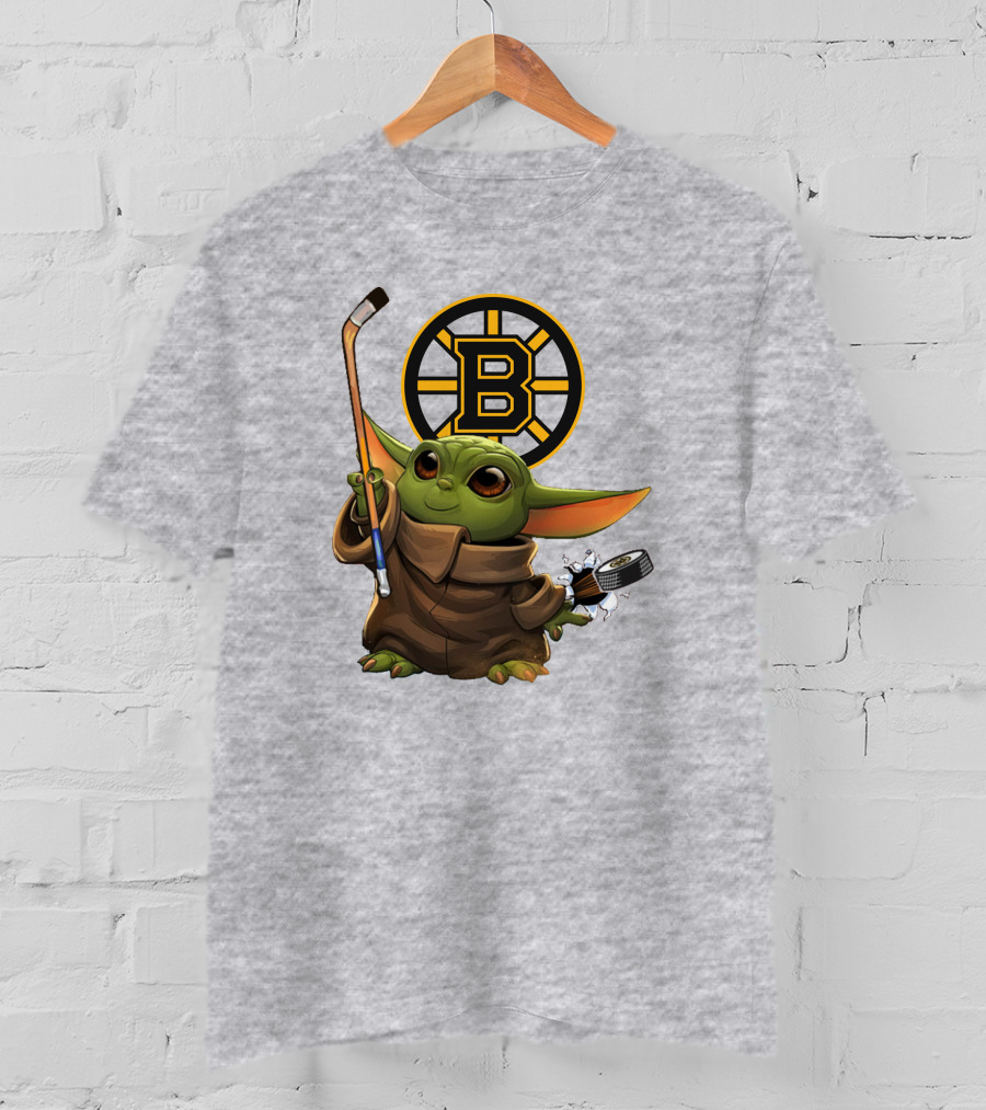 Boston Bruins Baby Yoda Hockey Stick Puck Character T-Shirt