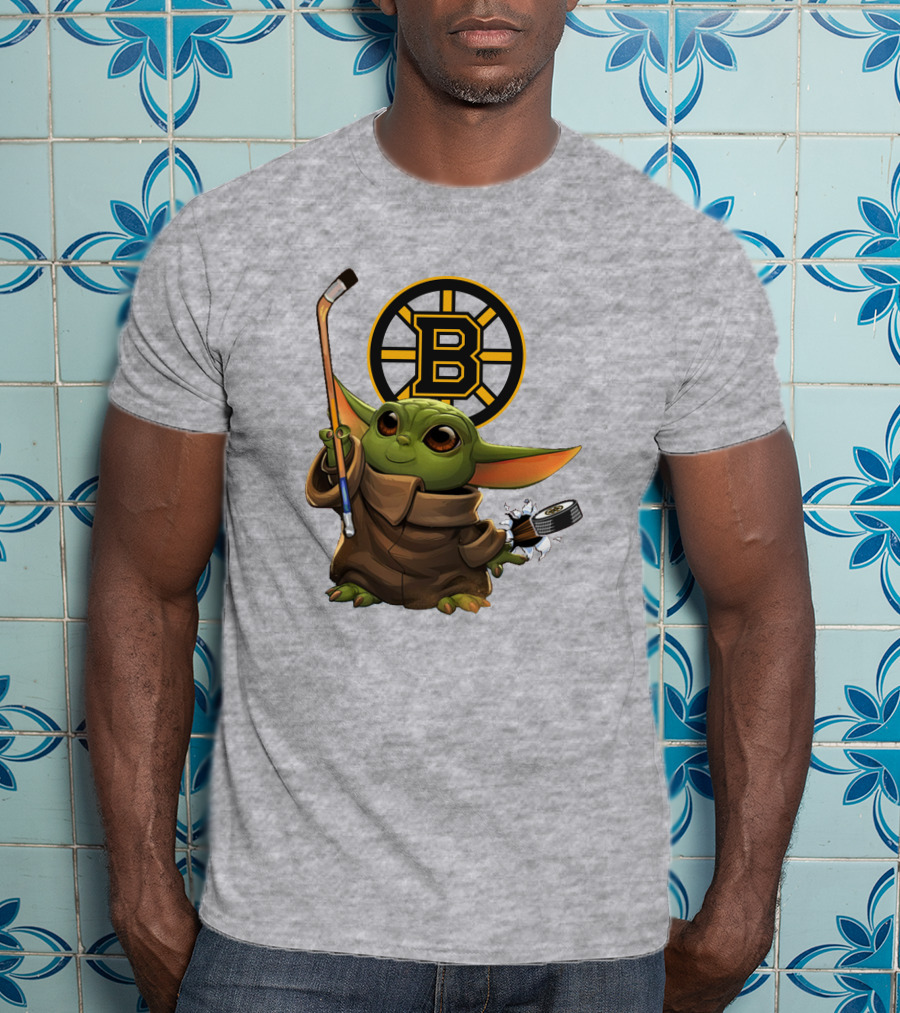 Boston Bruins Baby Yoda Hockey Stick Puck Character T-Shirt