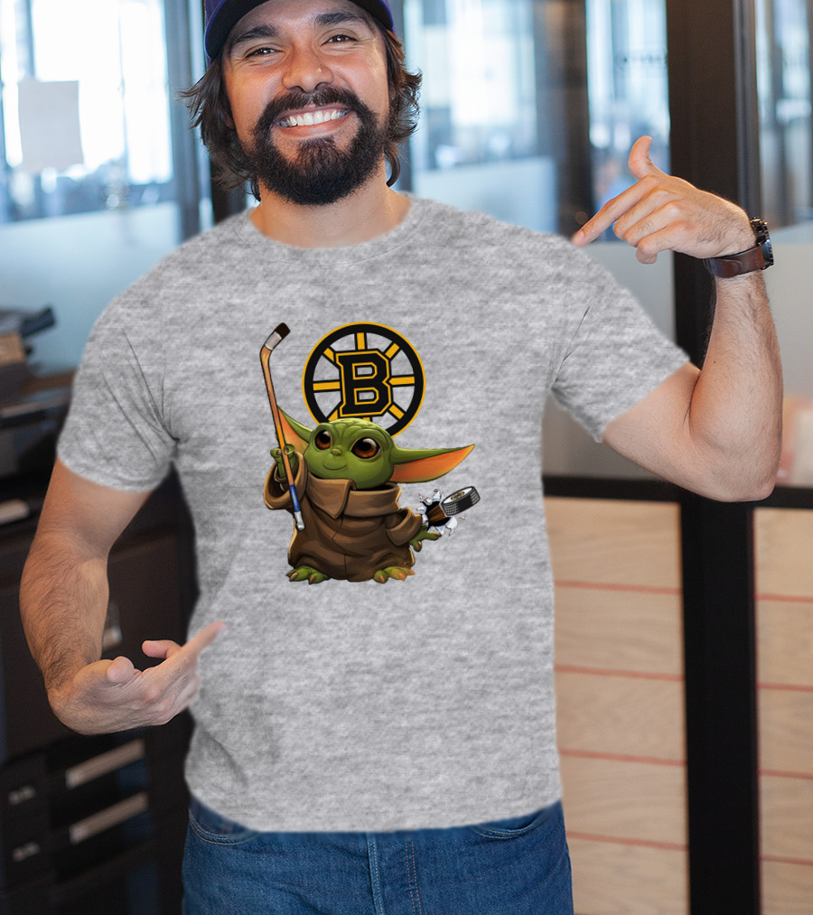 Boston Bruins Baby Yoda Hockey Stick Puck Character T-Shirt
