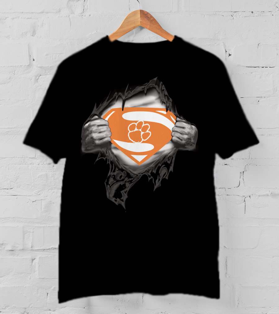Clemson Super Man Orange Shield With Paw T-Shirt