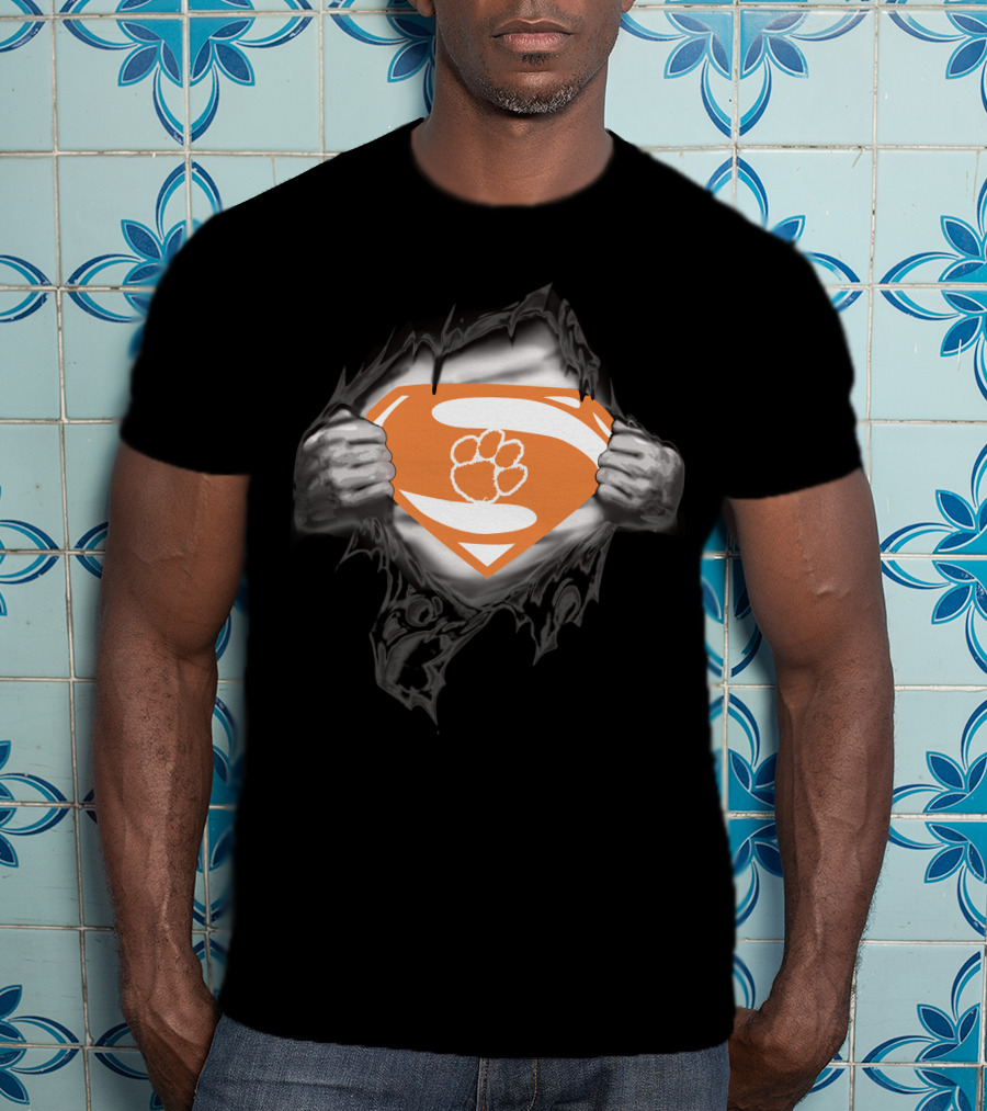 Clemson Super Man Orange Shield With Paw T-Shirt