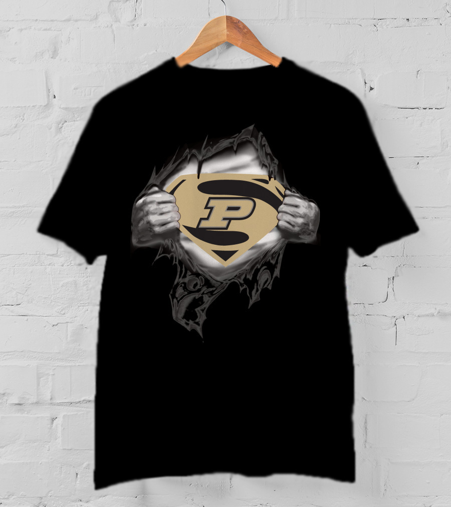 Purdue University P Logo Superhero Chest Emblem Ripped Open T-Shirt