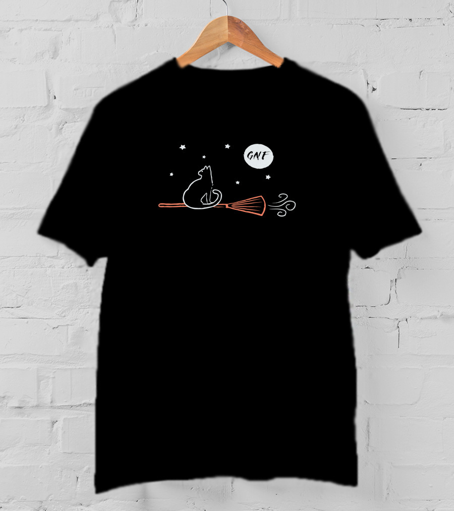 George Not Found GNF Halloween Cat On Broom With Stars T-Shirt
