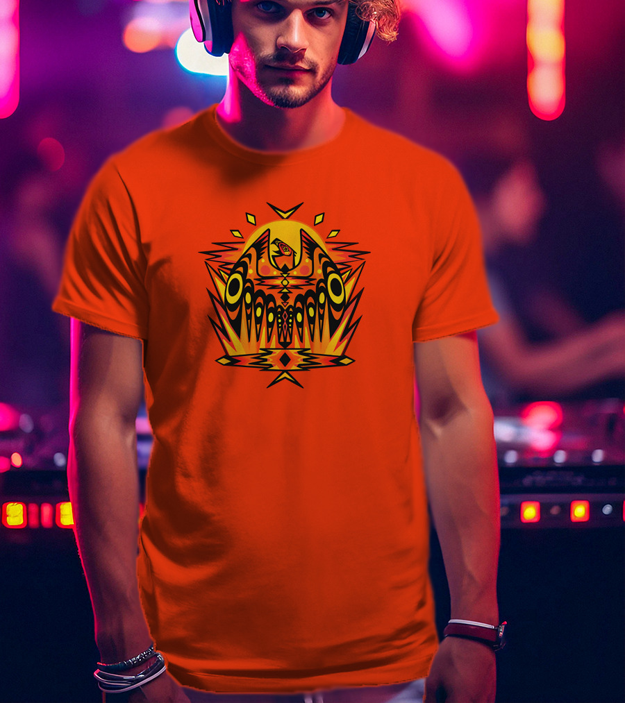 Howl Out Golden Eagle Rises Tribal Pattern On Bold Orange Background T-Shirt