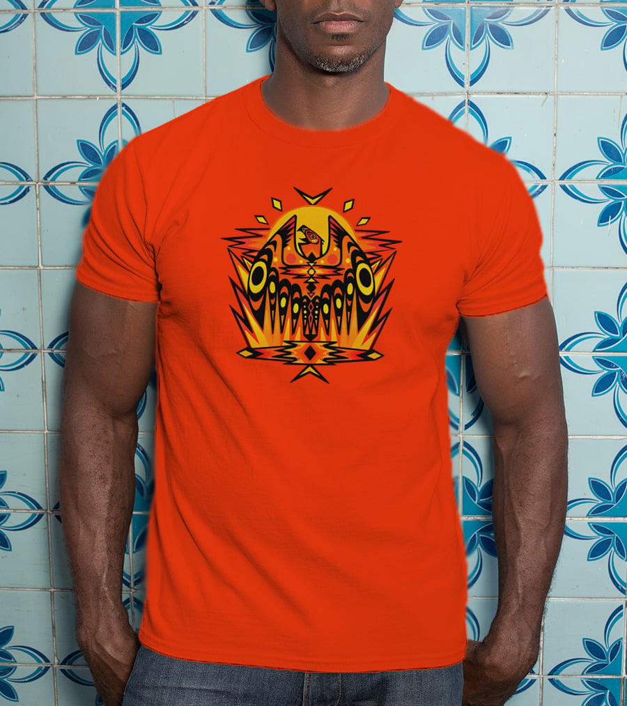 Howl Out Golden Eagle Rises Tribal Pattern On Bold Orange Background T-Shirt