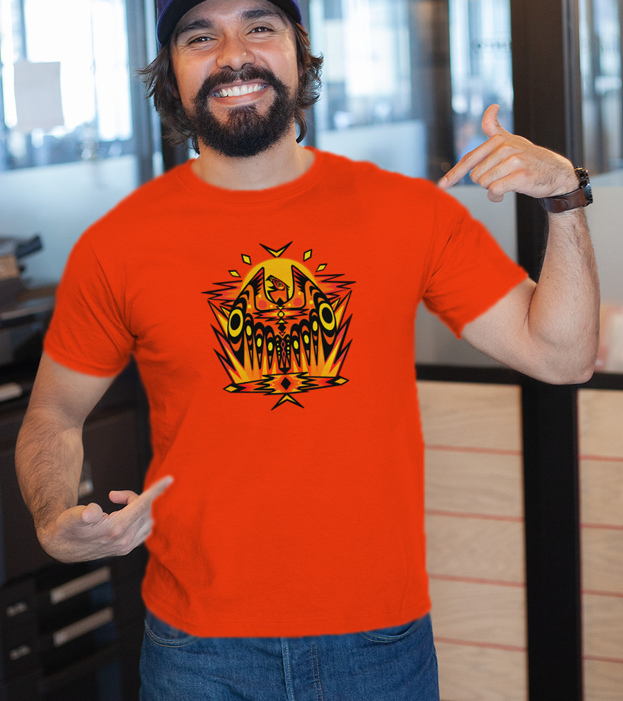 Howl Out Golden Eagle Rises Tribal Pattern On Bold Orange Background T-Shirt
