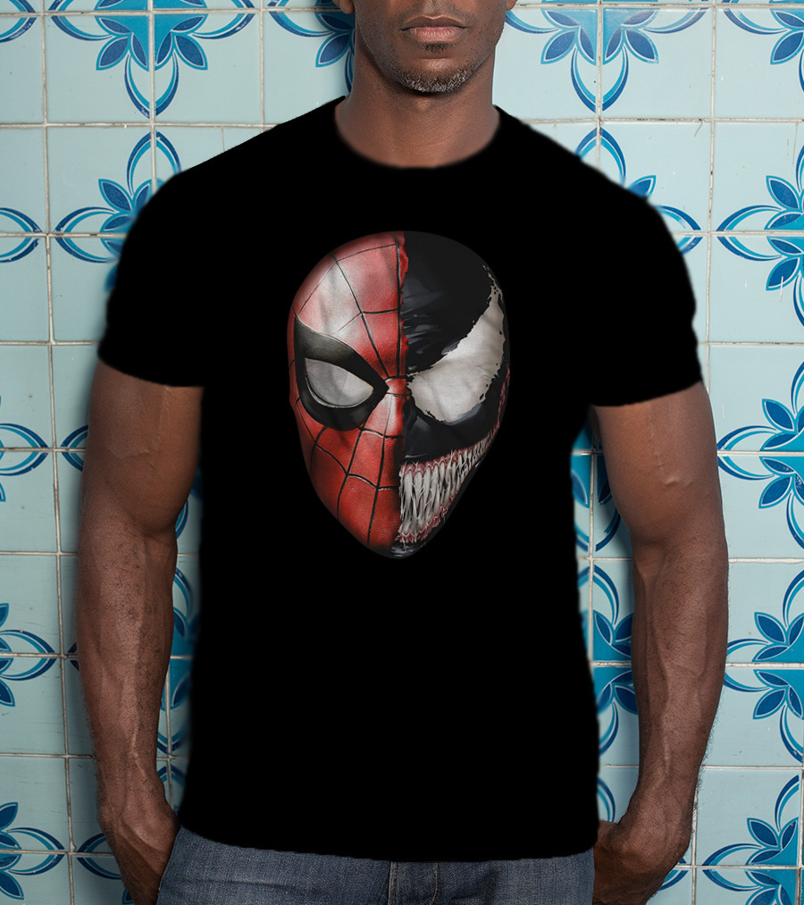 Venom Spidey Faces Split Mask Spider-Man Avengers Villain Comic Book T-Shirt