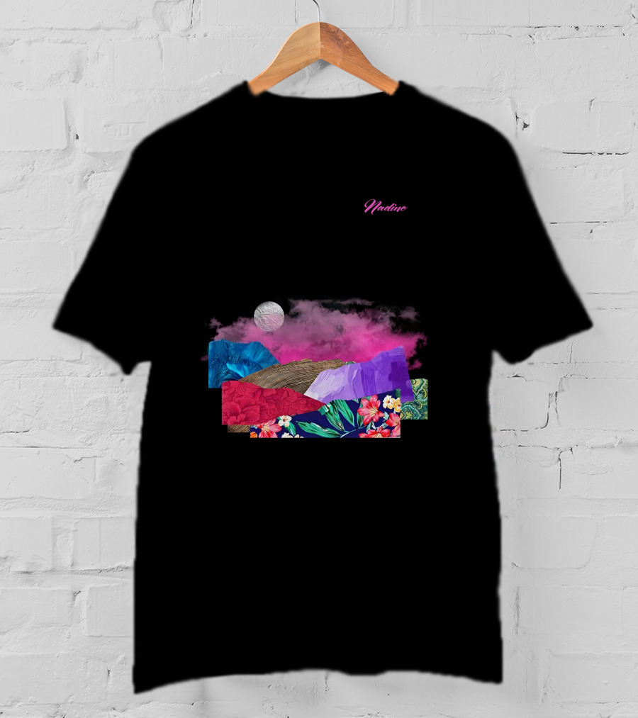 Nadine Lott Vibrant Floral Pattern With Pink And Blue Textures And White Moon T-Shirt