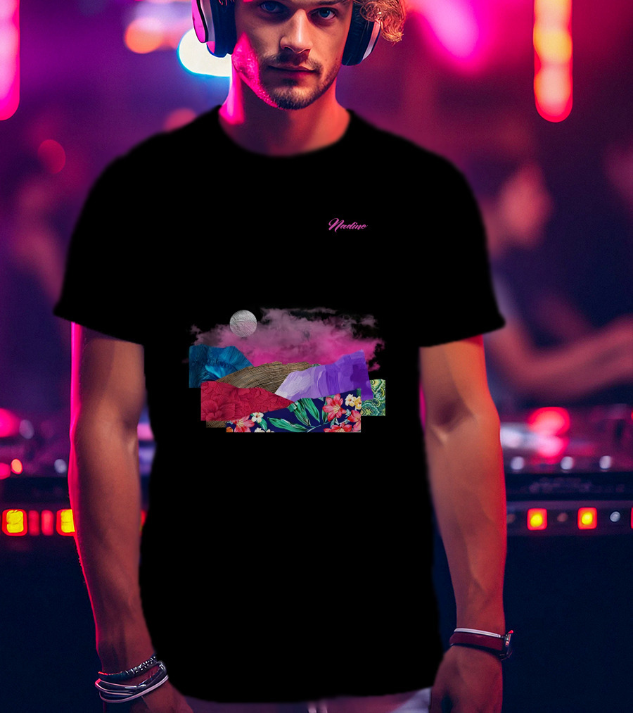 Nadine Lott Vibrant Floral Pattern With Pink And Blue Textures And White Moon T-Shirt