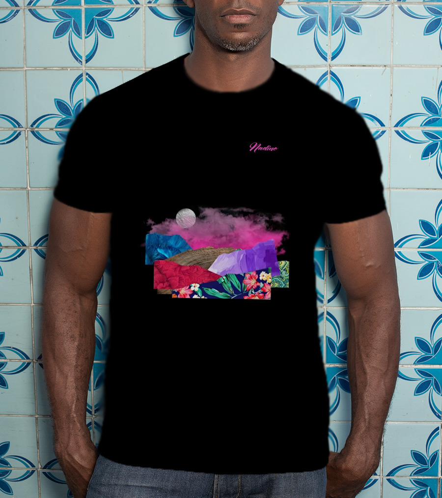 Nadine Lott Vibrant Floral Pattern With Pink And Blue Textures And White Moon T-Shirt