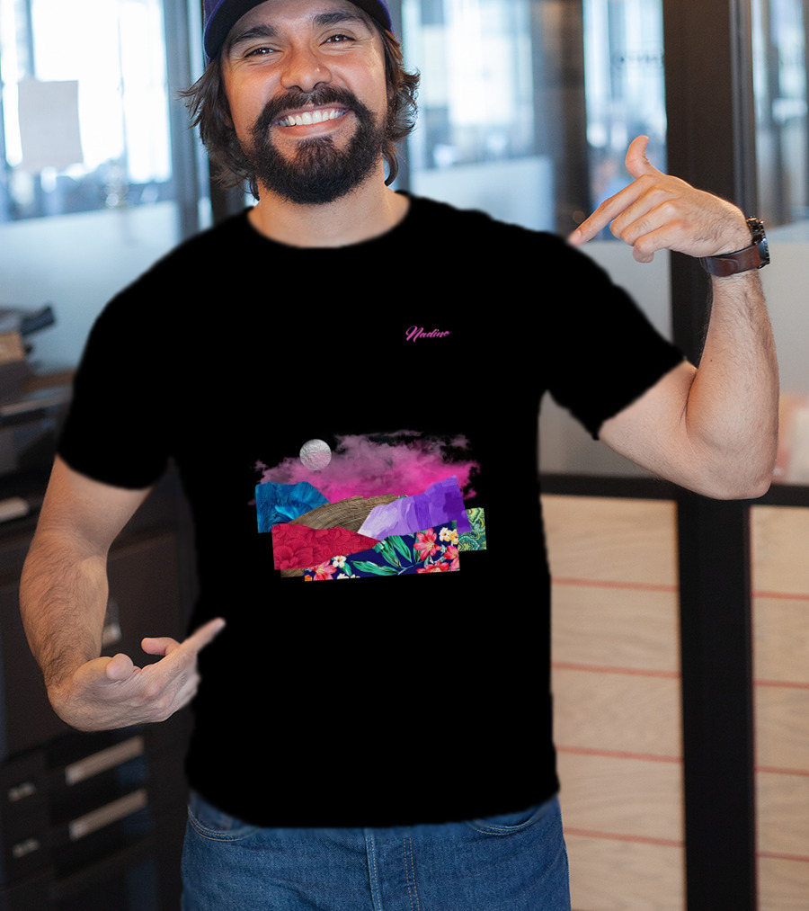 Nadine Lott Vibrant Floral Pattern With Pink And Blue Textures And White Moon T-Shirt