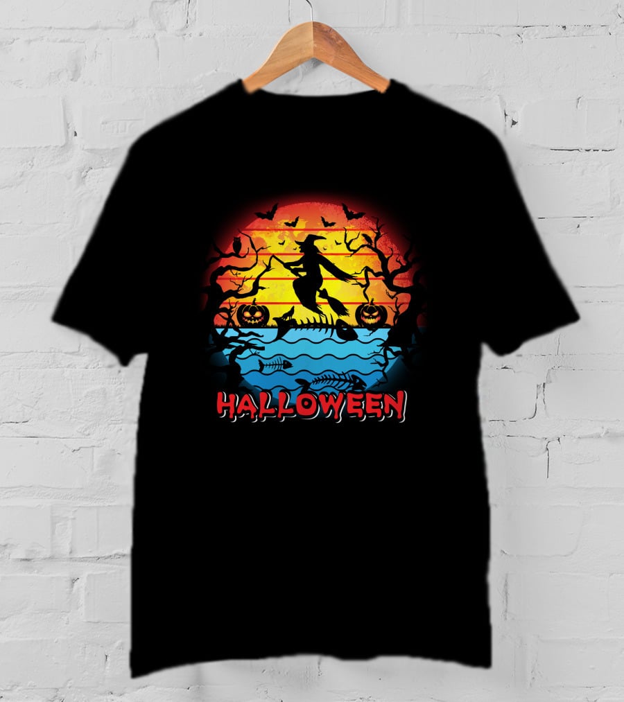 Halloween Witch And Fish Bone Sunset Scene T-Shirt