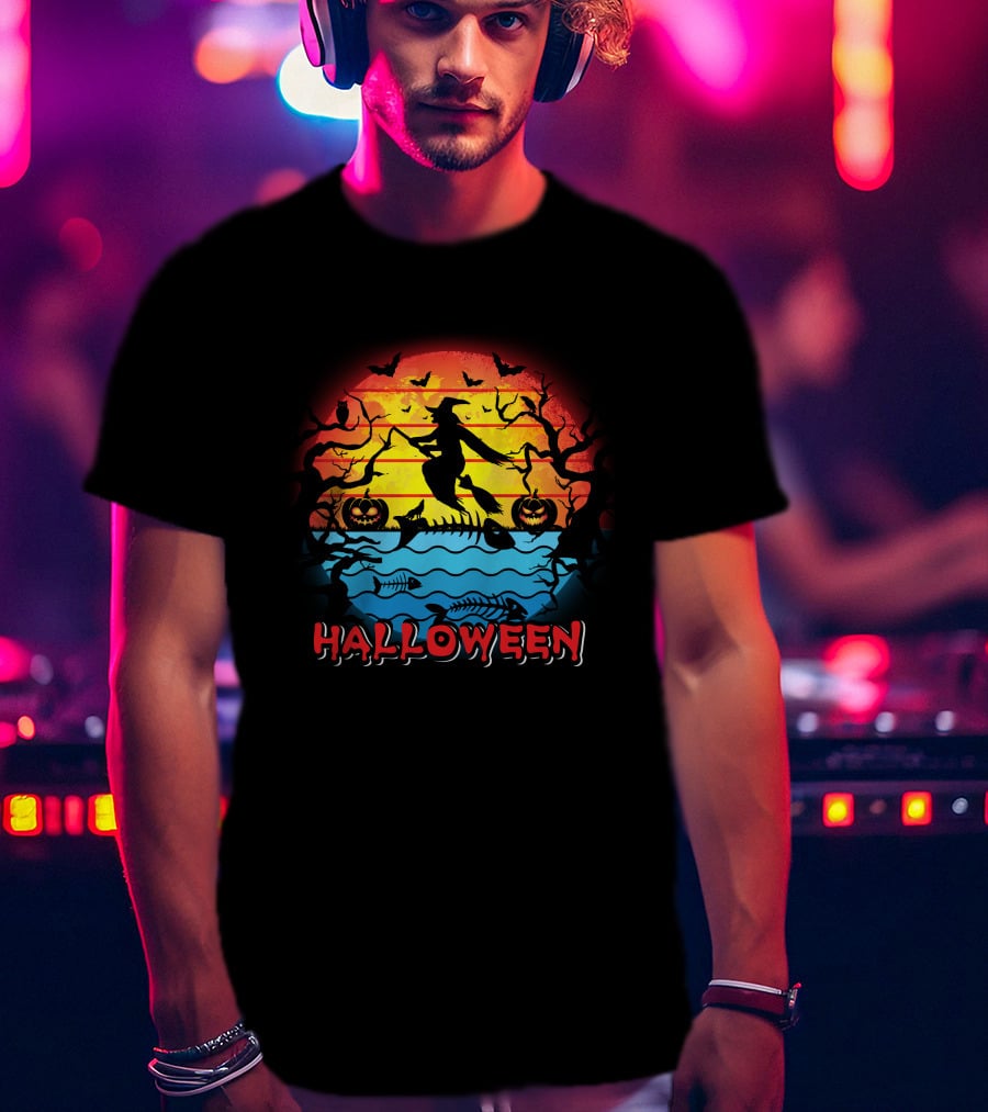 Halloween Witch And Fish Bone Sunset Scene T-Shirt