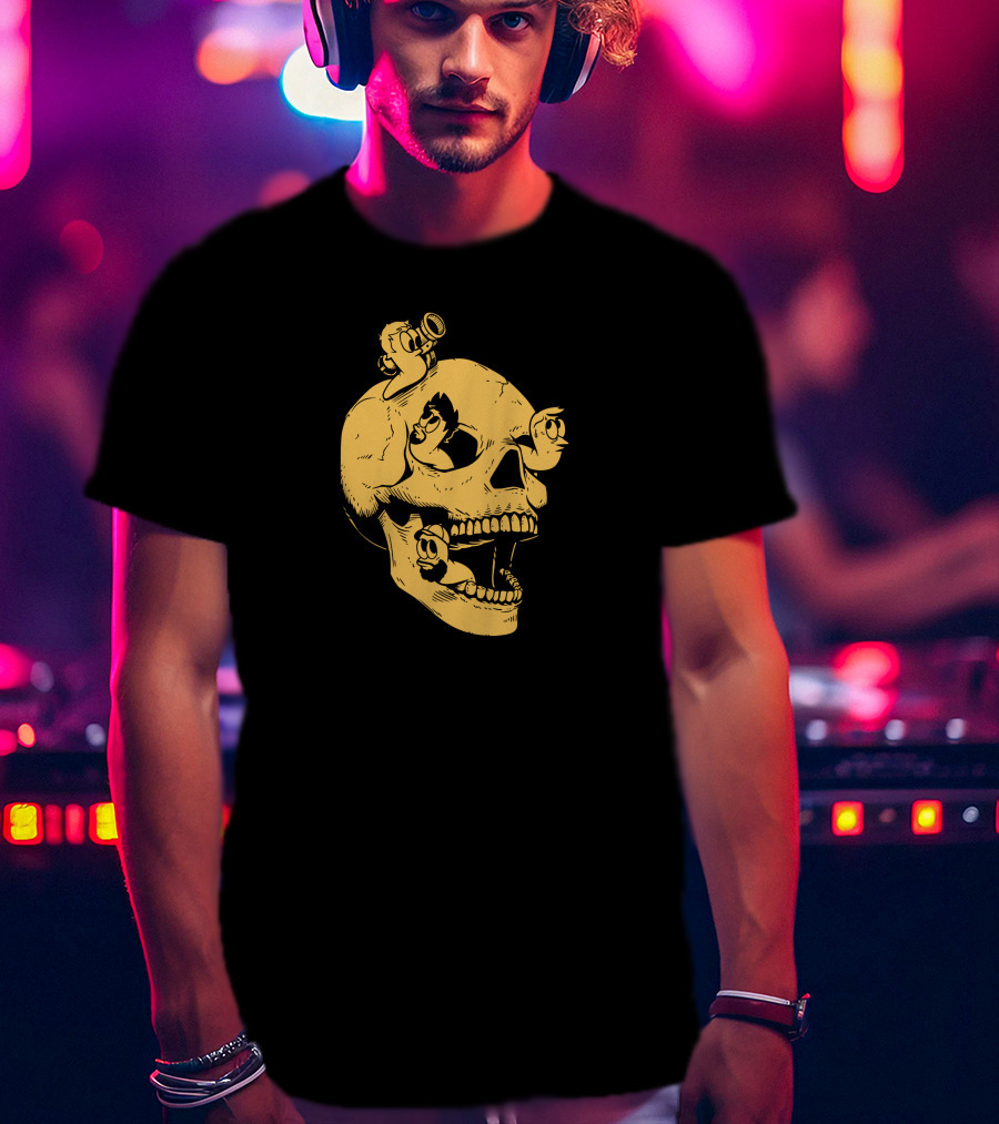 Sweet Skull Gold Variant With Worms And Cartoon Characters T-Shirt