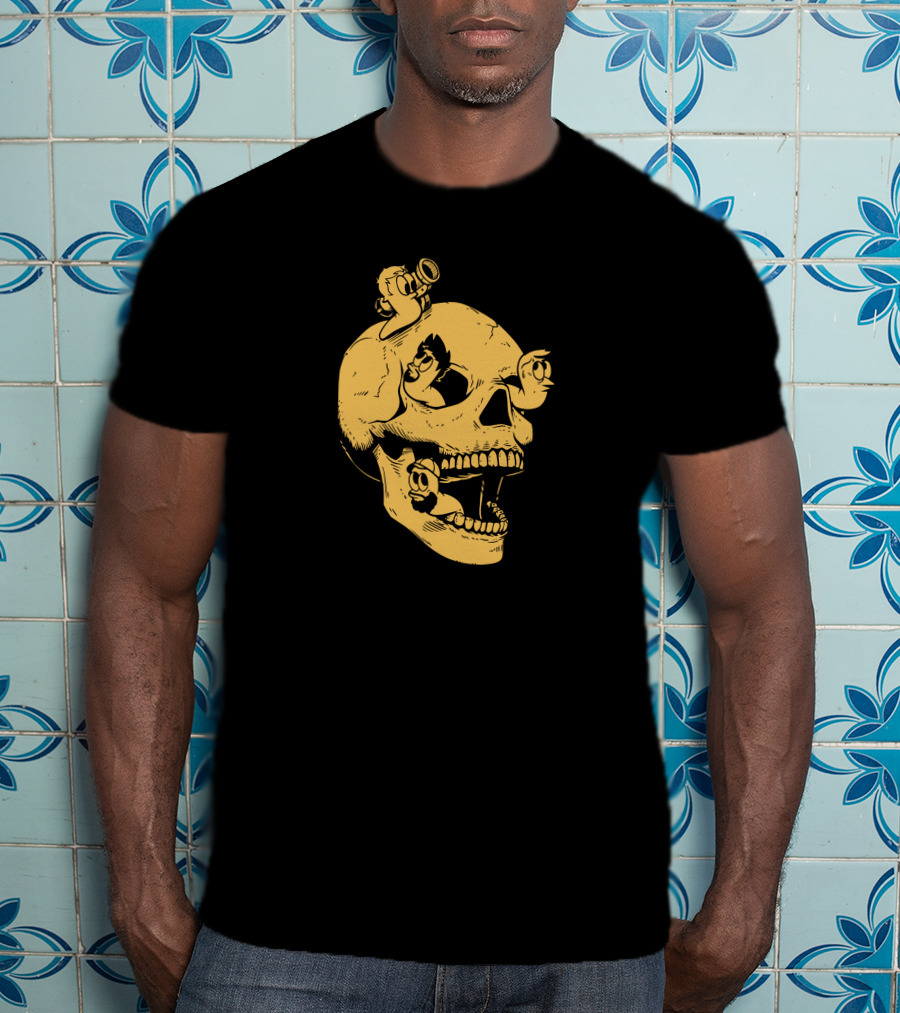 Sweet Skull Gold Variant With Worms And Cartoon Characters T-Shirt