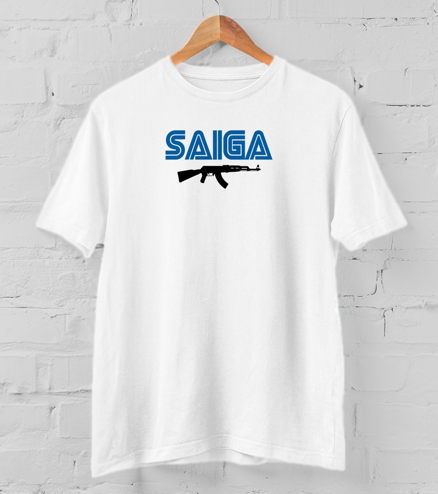 SAIGA AK47 Rifle Bold Blue Text T-Shirt