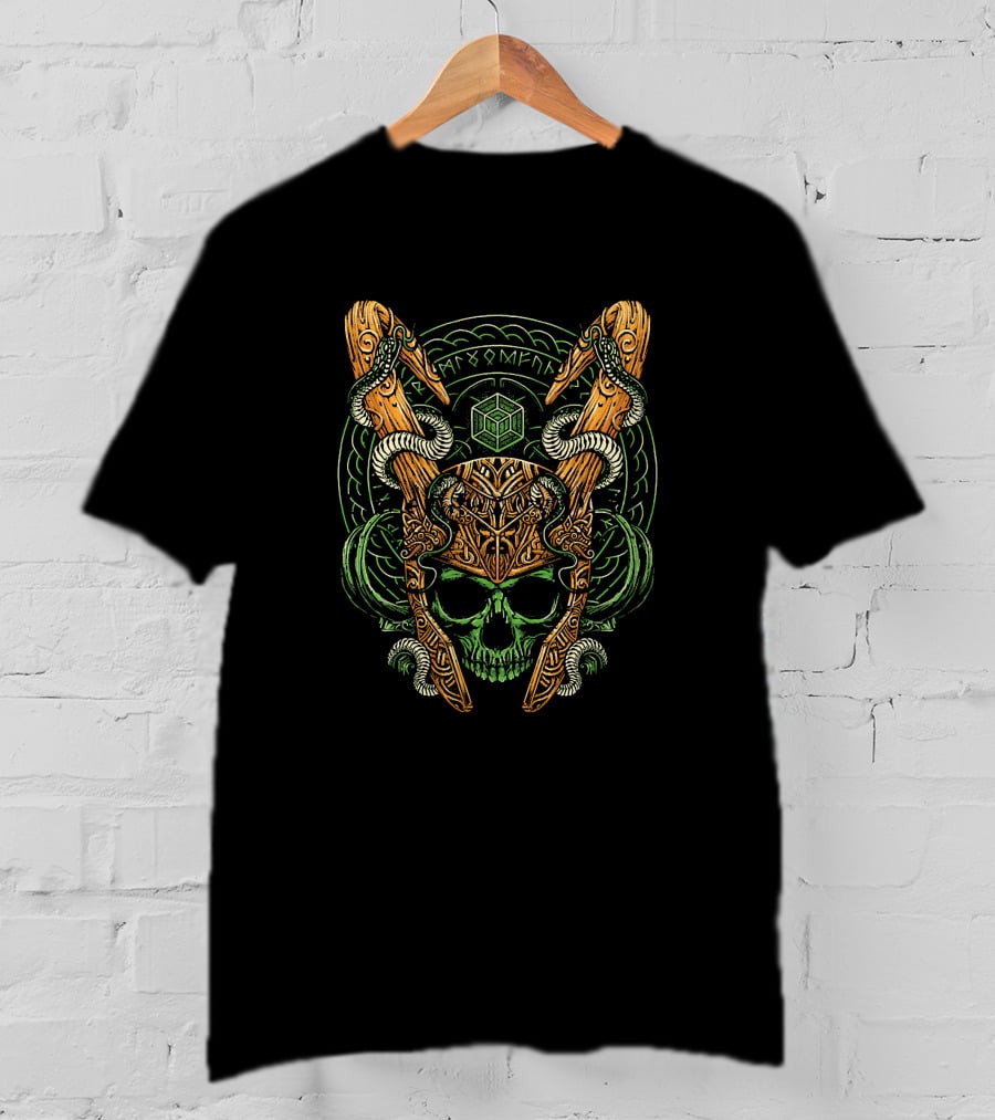 Loki Madness And Mischief Norse Helm Skull Serpents Runes Cube T-Shirt