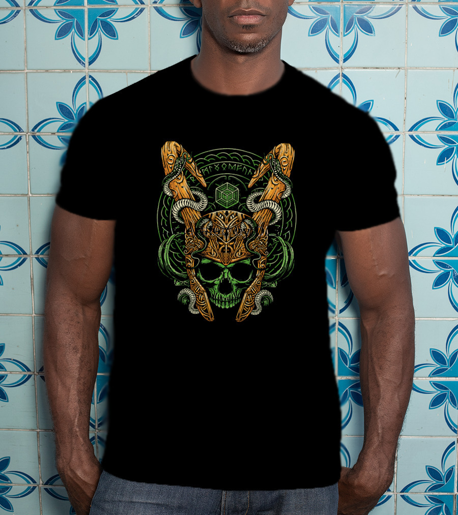 Loki Madness And Mischief Norse Helm Skull Serpents Runes Cube T-Shirt