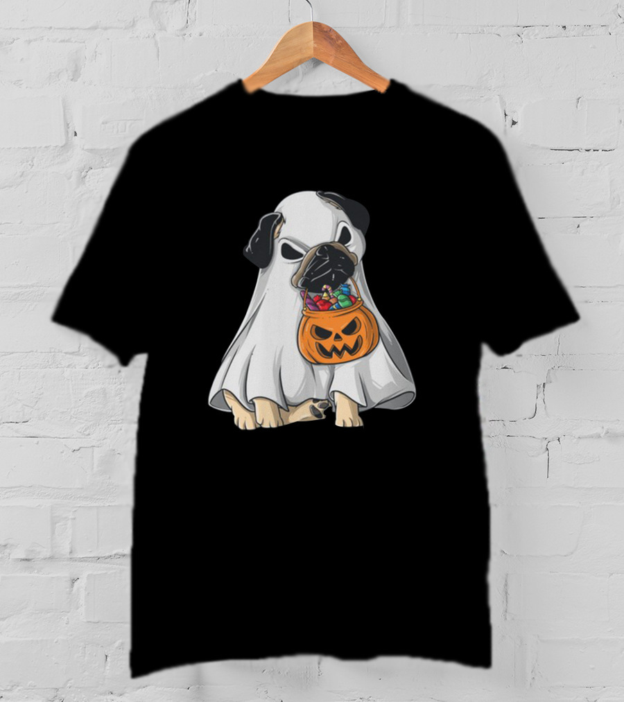 Bestee Shops Ghost Pug With Halloween Candy Bucket T-Shirt