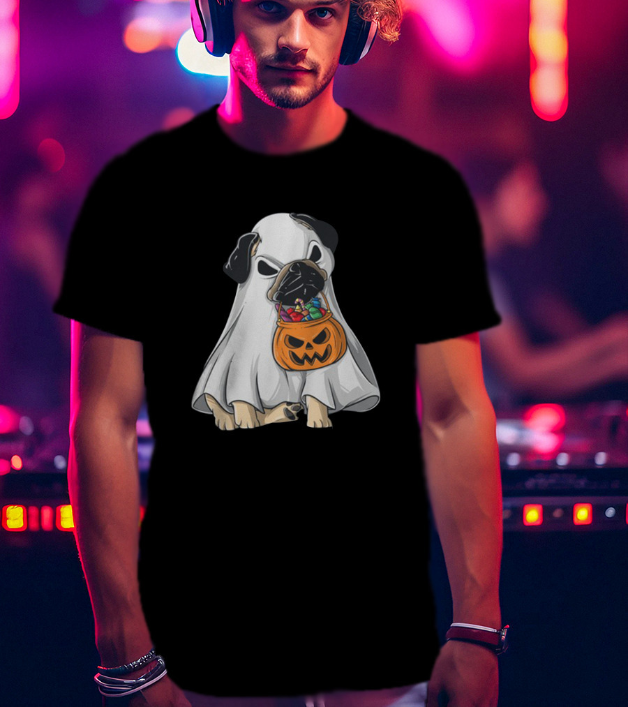 Bestee Shops Ghost Pug With Halloween Candy Bucket T-Shirt
