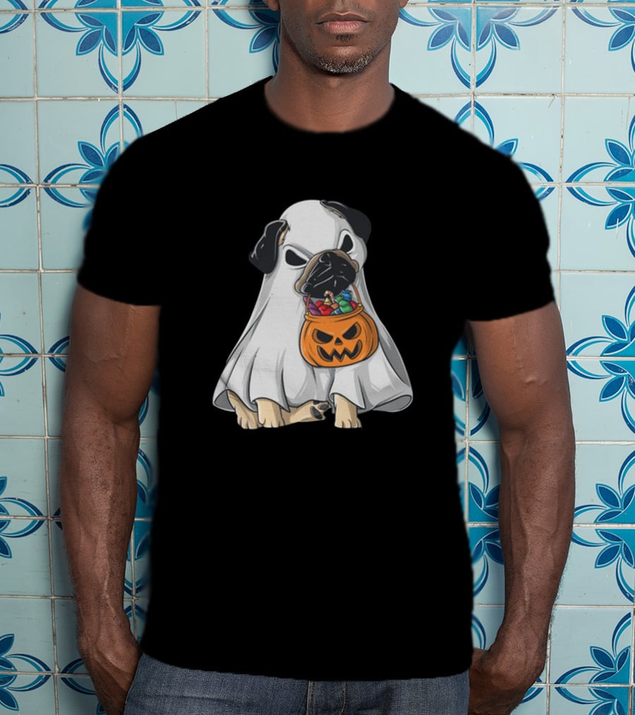 Bestee Shops Ghost Pug With Halloween Candy Bucket T-Shirt