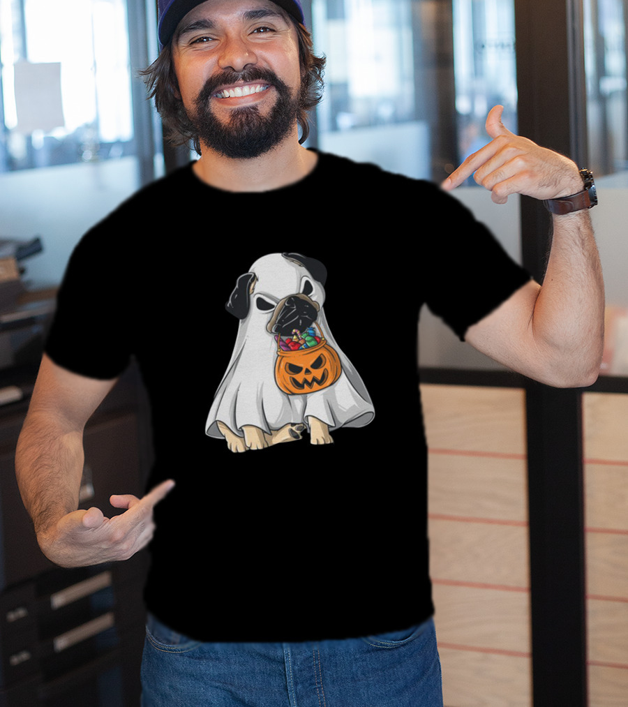 Bestee Shops Ghost Pug With Halloween Candy Bucket T-Shirt
