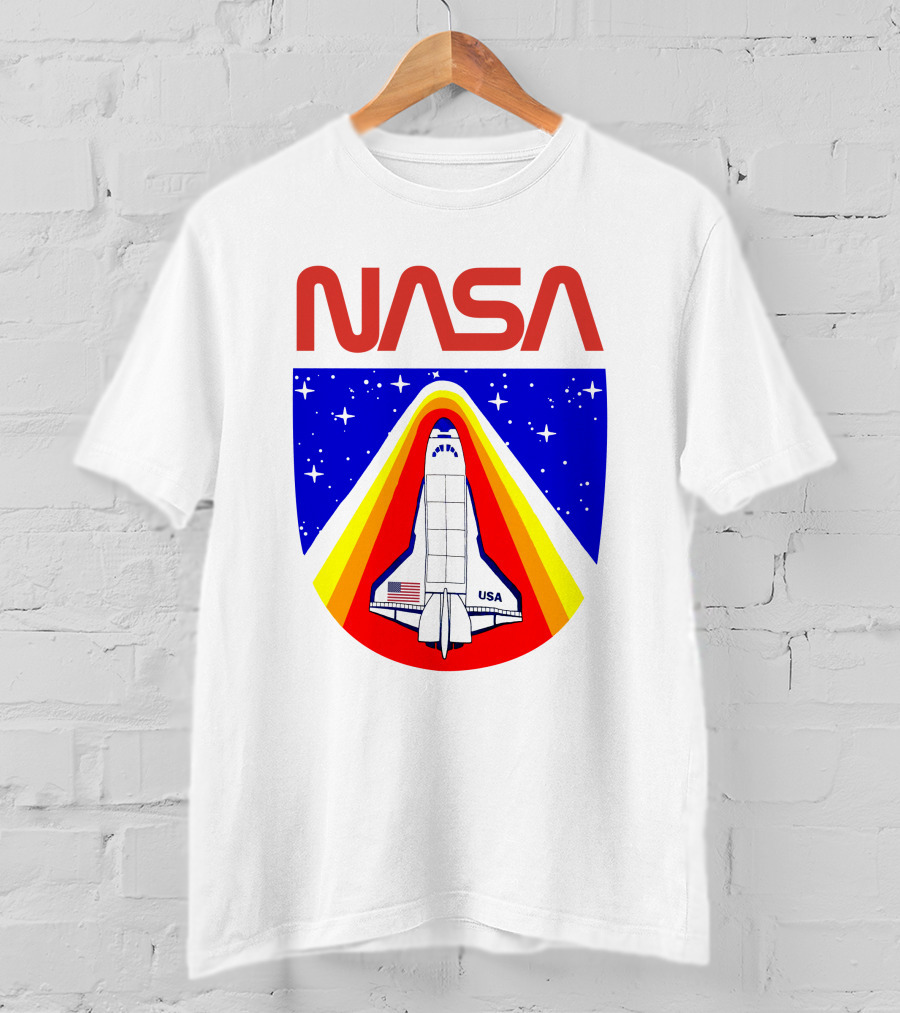 NASA Red Spaceship Emblem With Stars And Rainbow Trail T-Shirt