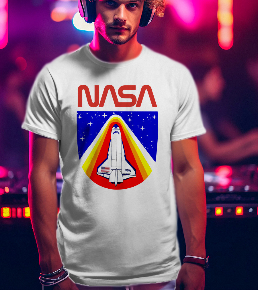 NASA Red Spaceship Emblem With Stars And Rainbow Trail T-Shirt