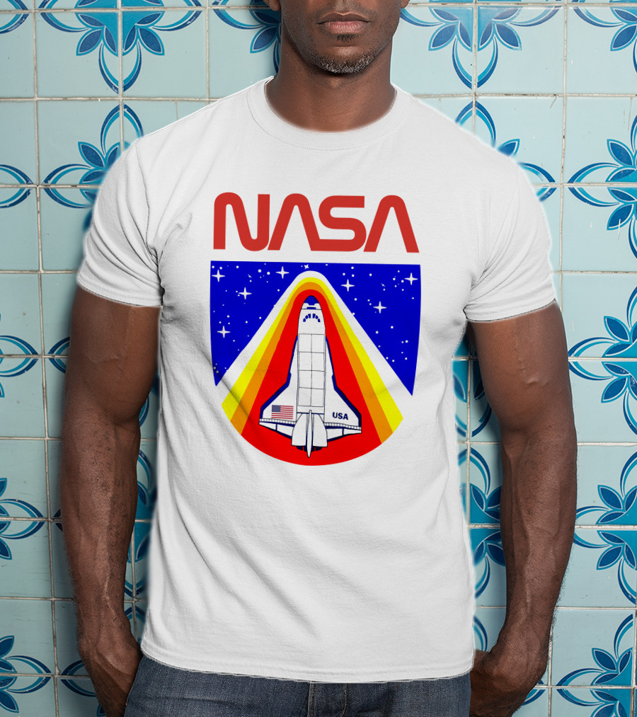 NASA Red Spaceship Emblem With Stars And Rainbow Trail T-Shirt