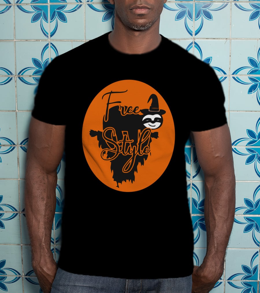 Free Style Halloween Sloth With Witch Hat In Orange Oval T-Shirt