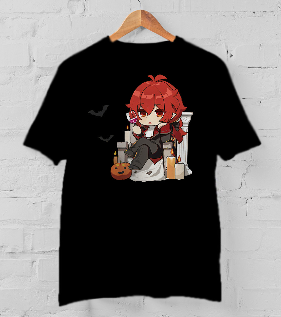 Genshin Impact Diluc Halloween Sitting With Wine And Jack-o'-Lantern T-Shirt