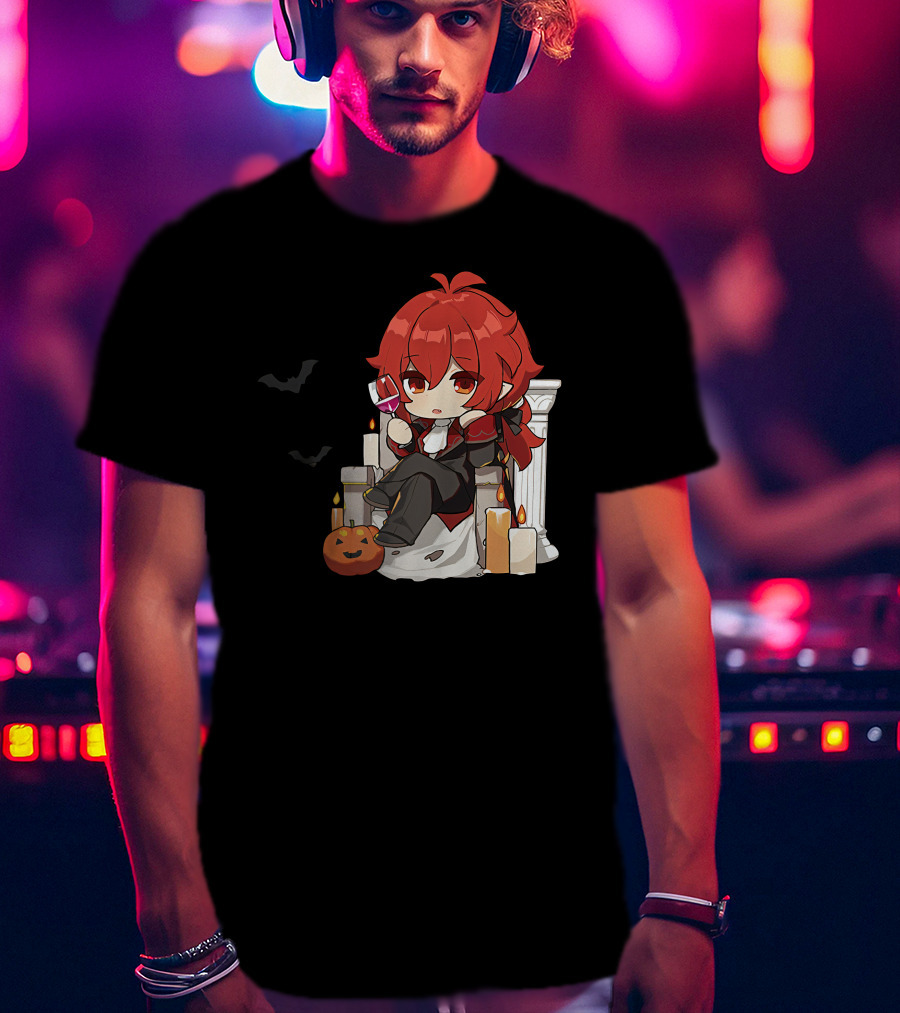 Genshin Impact Diluc Halloween Sitting With Wine And Jack-o'-Lantern T-Shirt