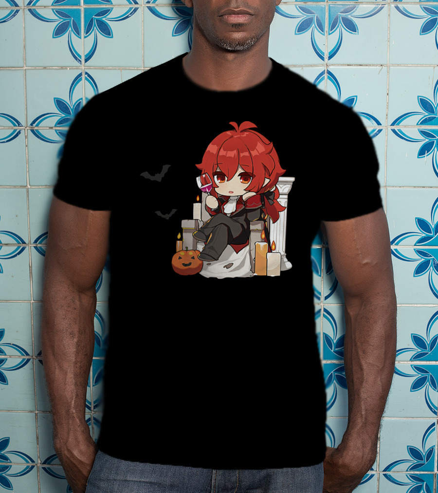 Genshin Impact Diluc Halloween Sitting With Wine And Jack-o'-Lantern T-Shirt