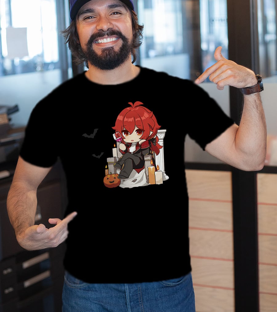 Genshin Impact Diluc Halloween Sitting With Wine And Jack-o'-Lantern T-Shirt