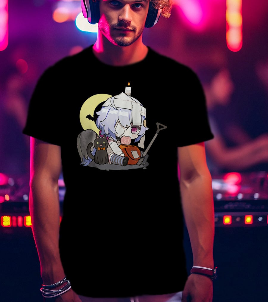 Happy Halloween Genshin Impact Ganyu Chibi Black Cat Moon Costume T-Shirt