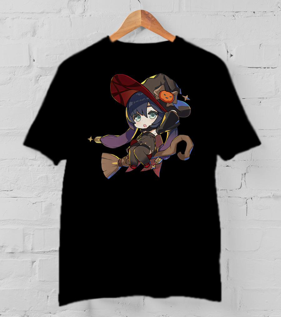 Ae Entropy Happy Halloween Genshin Impact Mona Witch Broom Pumpkin Hat T-Shirt