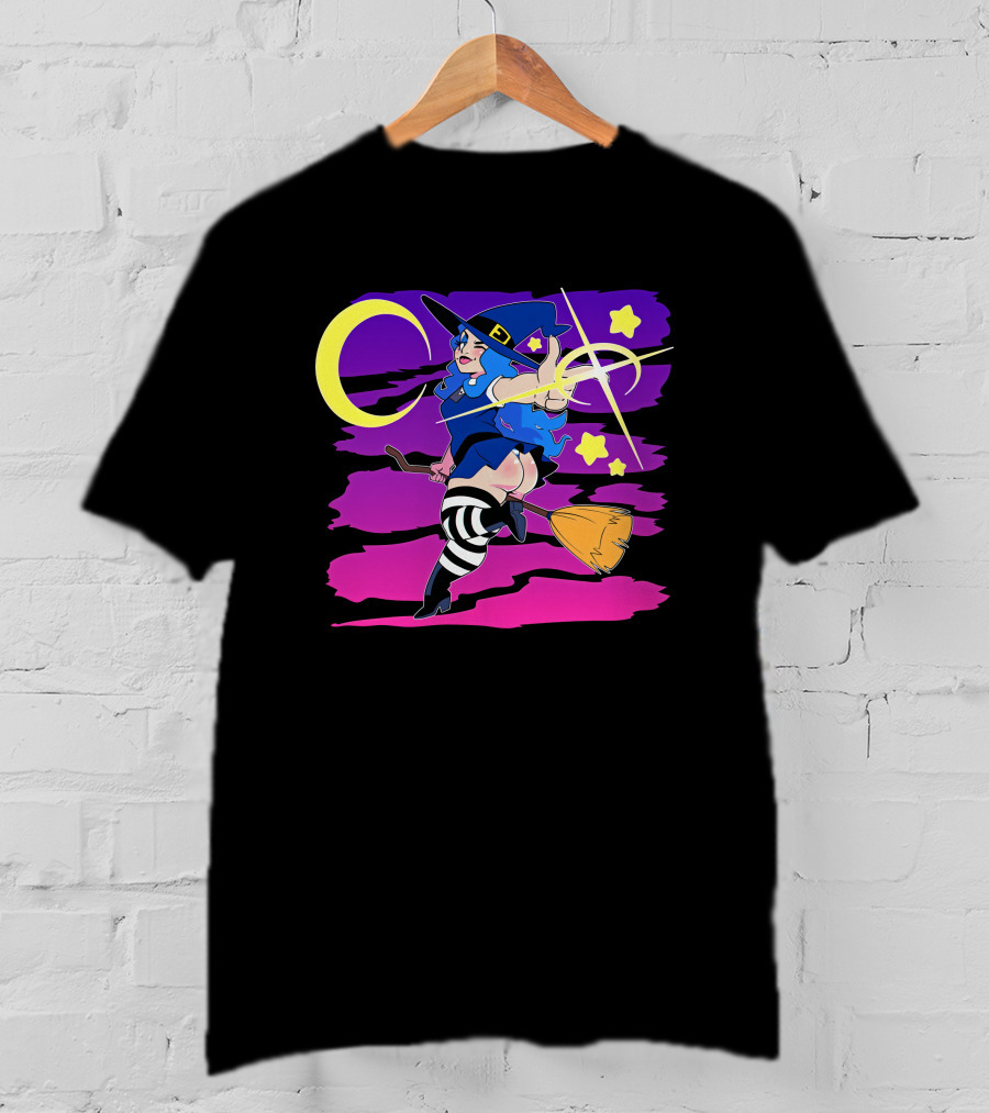 Emily The Witch Gothic Vampire Halloween Night Flying Broomstick Stars Moon T-Shirt