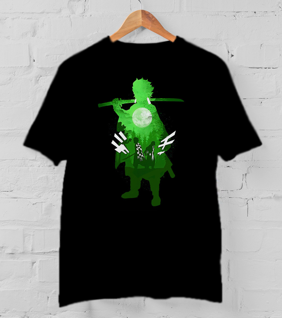 Demon Slayer Anime Tanjiro Kamado Green Silhouette With Moon And Sword T-Shirt