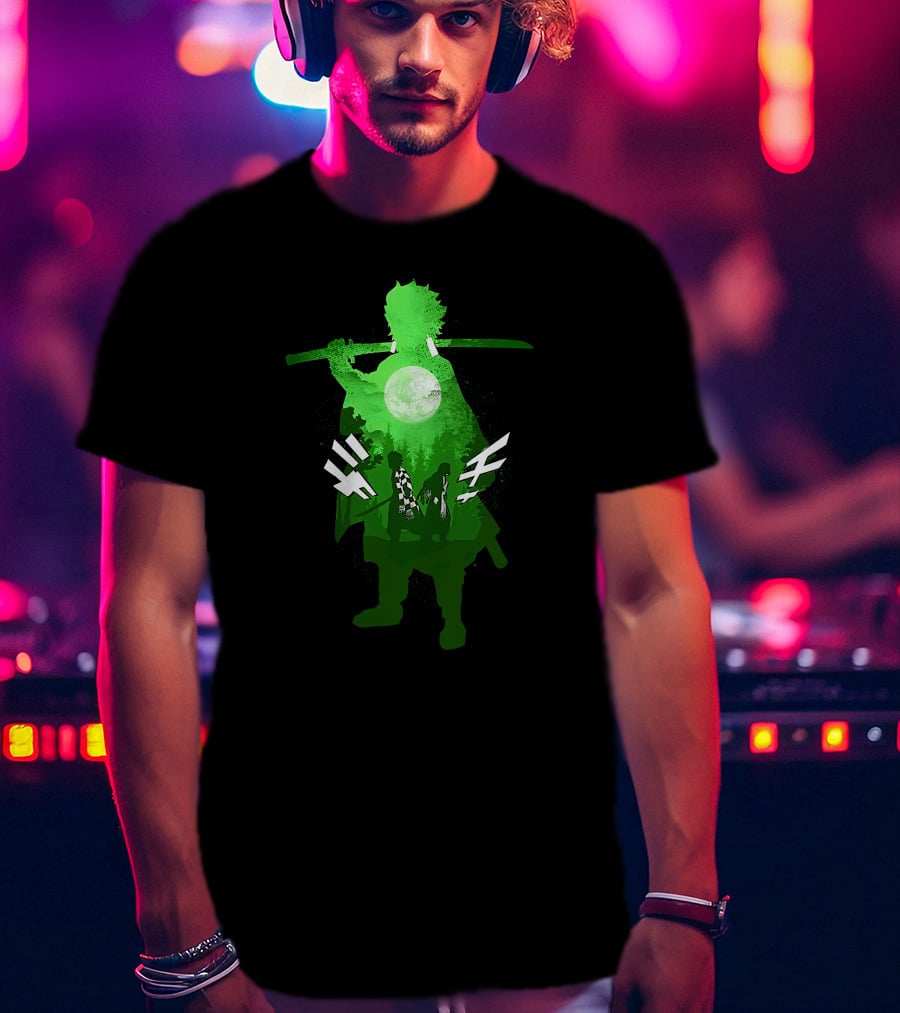 Demon Slayer Anime Tanjiro Kamado Green Silhouette With Moon And Sword T-Shirt