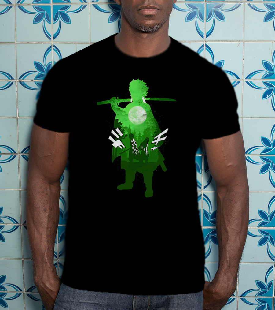 Demon Slayer Anime Tanjiro Kamado Green Silhouette With Moon And Sword T-Shirt